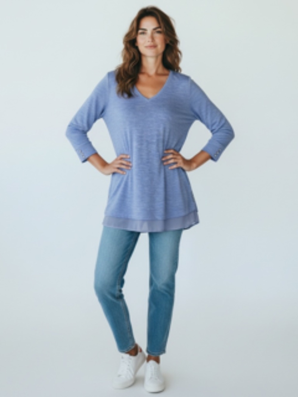Simply Noelle Blue Layered V-Neck Tunic 3/4 Sleeve Length Top Size L-XL